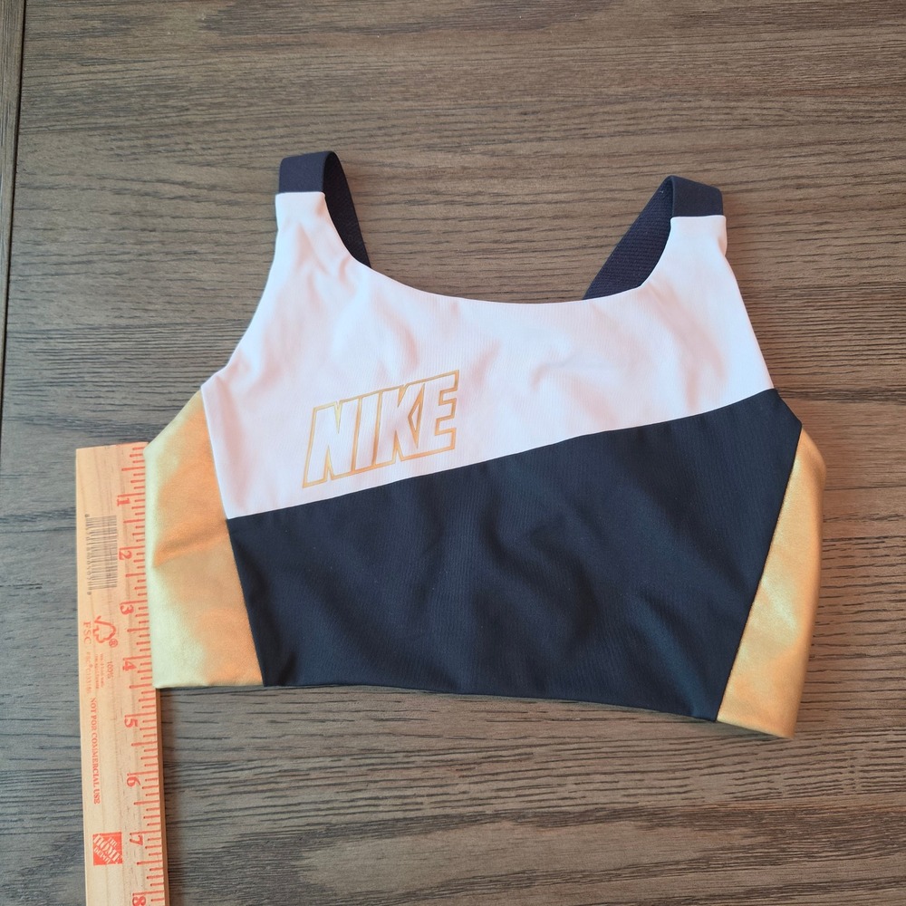Nike Womens Colorblock Sports Bra Black White‎ Metallic Gold Small 716303-477445 - Picture 8 of 8